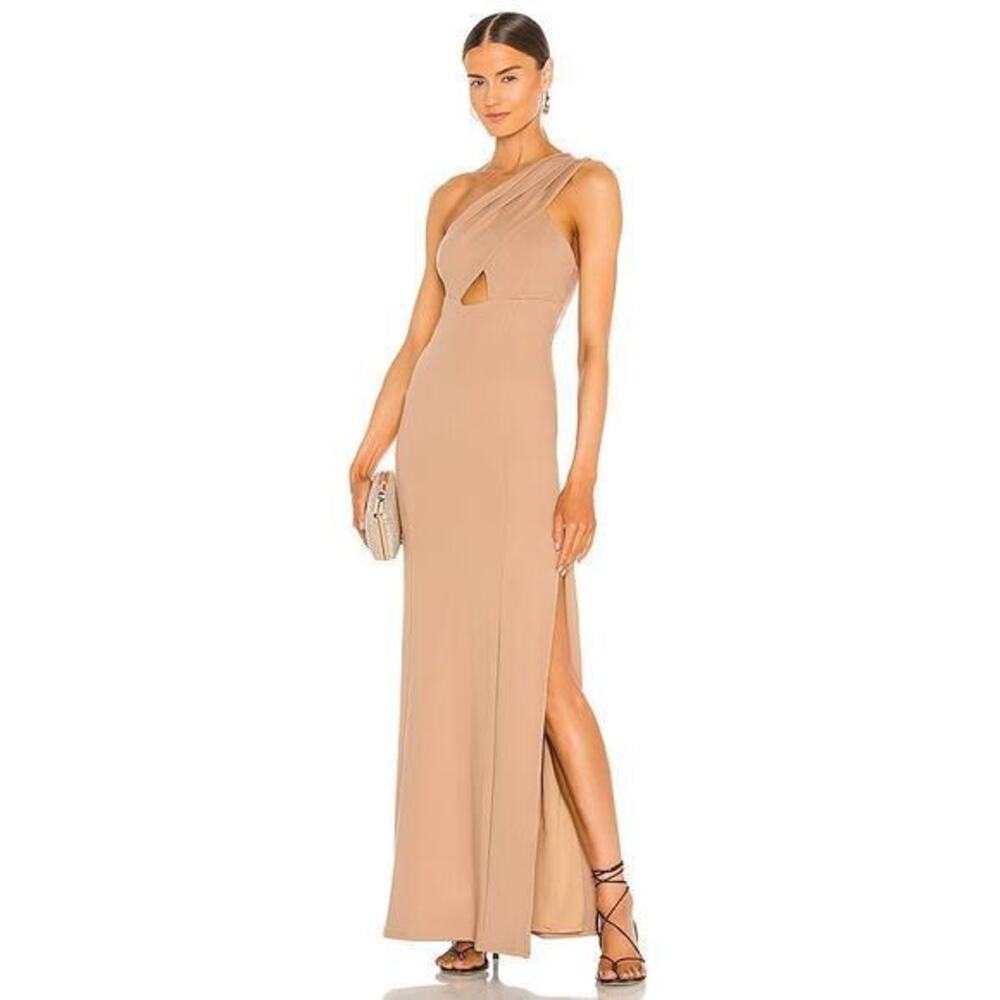 Lovers and Friends Maxi Dress Women XS Tan One Shoulder Cutout Slit Piling